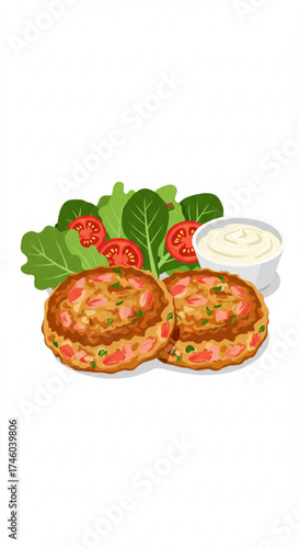 Crab cakes with salad and sauce on white background  