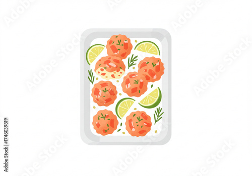 Crab cakes served with lime and herbs on white tray  
