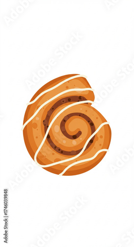 Danish pastry cinnamon roll with icing on a white background  