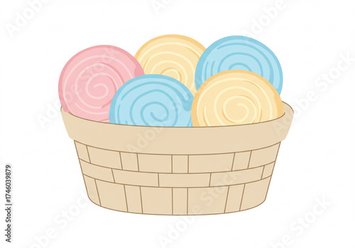 Colorful swirled ice cream scoops in a woven basket  