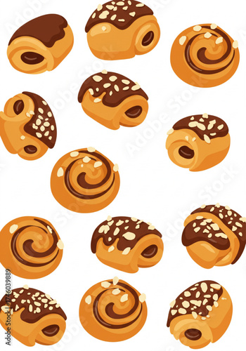 Danish pastries in various shapes and toppings on white background  