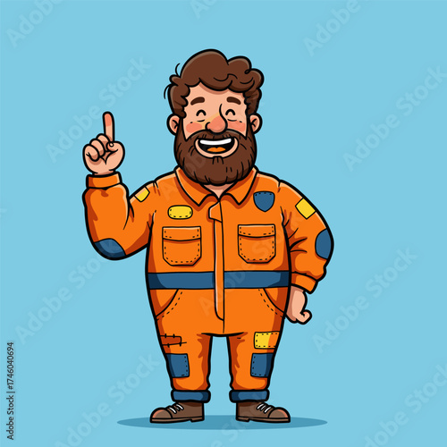 Cartoon man with curly hair and beard in orange jumpsuit raises one finger, smiling against a light blue background.