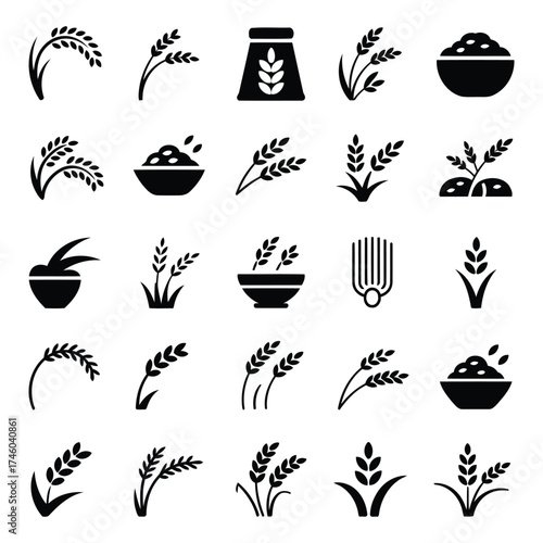 Collection of wheat and grain icons in black and white