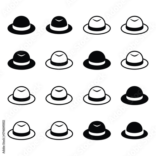 Collection of stylized fedora hats in black and white