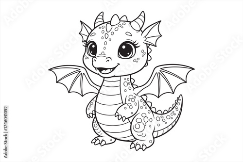 Cute Baby Dragon Cartoon Line Art for Kids Coloring Book