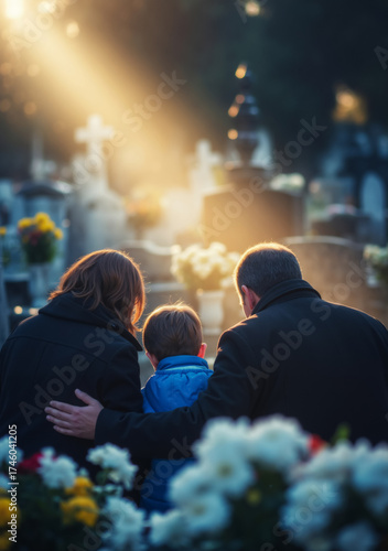 A family with a child mourning in a cemetery. Parents comforting their son at a gravesite during sunset. Grief, loss, and remembrance on All Souls' Day