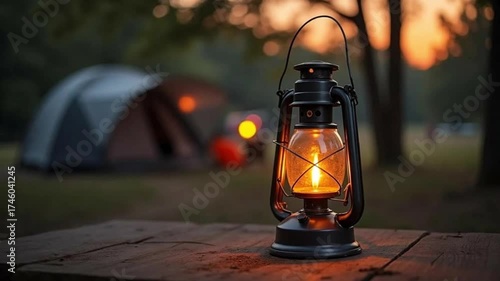 Glowing lantern illuminates a rustic wooden table at a campsite during twilight
