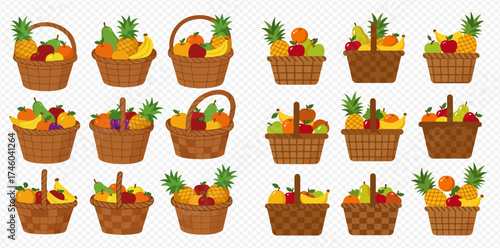 A collection of fruit baskets filled with various fruits such as apples, oranges, bananas, and pineapples.