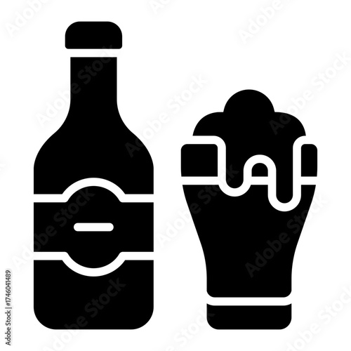 beer drink glyph icon with glass and bottle at pub