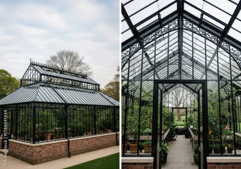 Obraz premium Ornate victorian greenhouse with lush greenery and architectural details