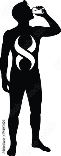 Muscular man silhouette drinking from a bottle with a stylized infinity symbol on his chest silhouette