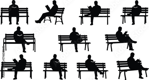 Silhouette of man sitting on park bench reading book, relaxing outdoors, leisure activity, peaceful moment, urban park illustration