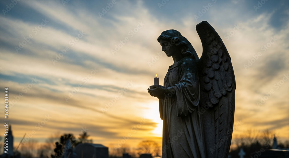 Fototapeta premium Angel statue holding a lit candle in a cemetery at sunset. All Souls' Day remembrance and spirituality concept. Grave monument with a dramatic sky background