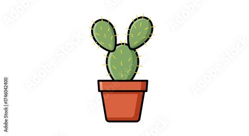 Minimalist illustration of a potted prickly pear cactus with a simple, clean aesthetic on a white background