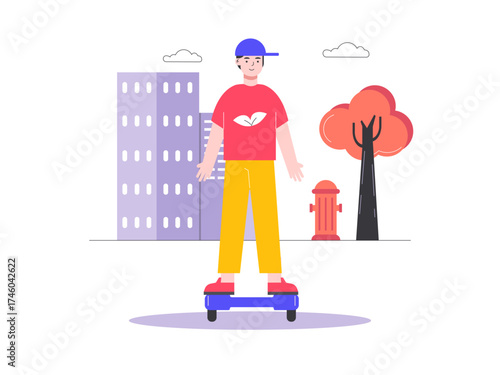 Young boy use hover board in city as transportation. Modern transportation illustration. Flat vector illustration.