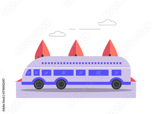 Minibuses running in the city. Modern transportation illustration. Flat vector illustration.