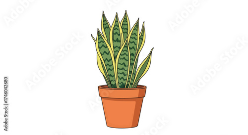 A stylized illustration of a potted snake plant, a popular houseplant known for its air-purifying qualities and striking foliage