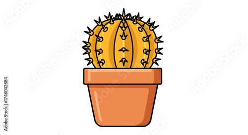 A potted cactus with yellow spikes, a cute succulent plant in an orange pot, isolated on a white background