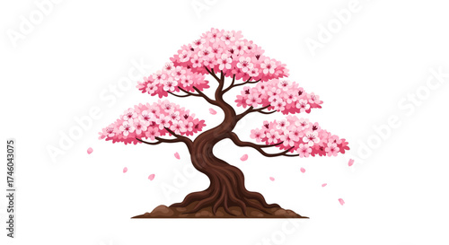 Beautiful cherry blossom tree with falling petals, symbolizing spring and renewal in a serene natural setting