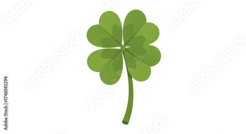 A single, vibrant green four-leaf clover, a symbol of good luck and prosperity, isolated on a clean white background