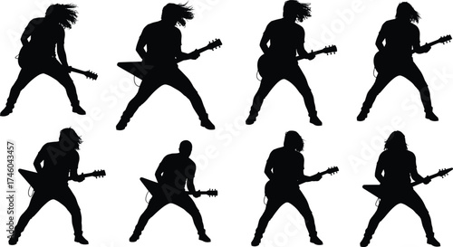 Silhouette of rock guitarist playing electric guitar with energy and passion during live concert performance, perfect for music and design projectsSilhouette of rock guitarist playing electric 