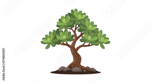 Stylized vector illustration of a lush green tree with a thick gnarled trunk and rocks at its base, isolated on a white background for design