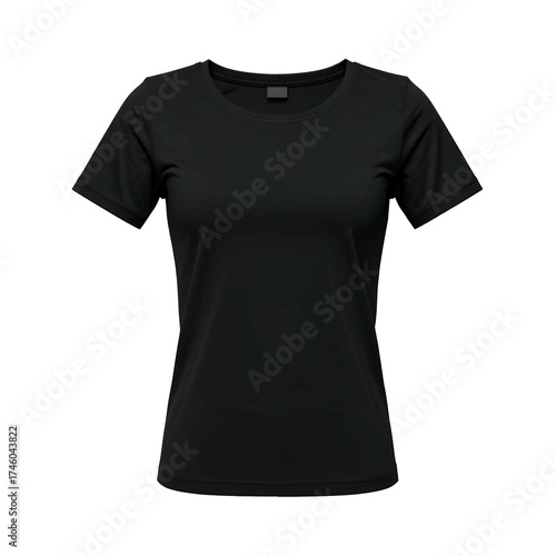 Front view of a solid black crew neck short-sleeved t-shirt, realistic and isolated
