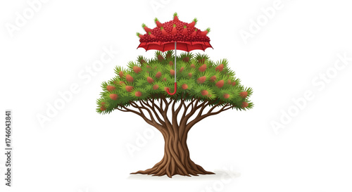 Conceptual illustration of a flourishing tree shielded by a red umbrella, symbolizing protection, security, insurance, and growth