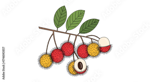 A detailed vector illustration of a rambutan fruit branch with leaves, showcasing the exotic tropical fruit whole, peeled, and sliced