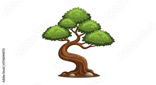 A stylized illustration of a single growing bonsai tree with a gnarled, twisted trunk and lush green foliage, isolated on a white background