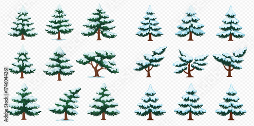 Illustration of evergreen trees covered in snow, arranged in a grid pattern on a transparent background.