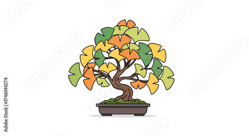 Stylized vector illustration of a Ginkgo Biloba bonsai tree with colorful autumn foliage in a traditional pot