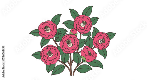 A vibrant cluster of delicate pink camellia flowers with green leaves and dark brown stems, symbolizing beauty and affection