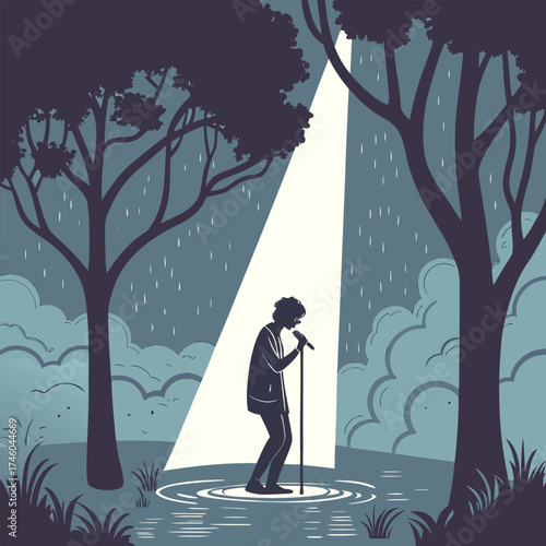 Silhouette of a singer performing in the rain under a spotlight