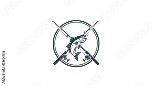 Fishing Logo with Crossed Rods and Jumping Fish Bass Sports Emblem