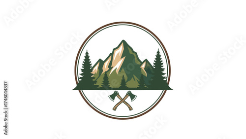 Mountain Forest Landscape Logo with Pine Trees and Crossed Axes Emblem