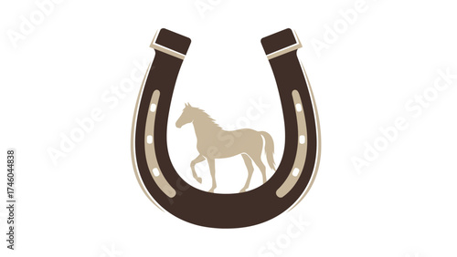Horse Silhouette Inside Horseshoe Logo Good Luck Equestrian Ranch Emblem