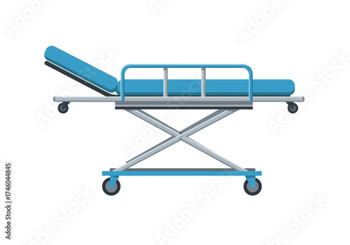 Blue Medical Stretcher with Adjustable Headrest and Wheels.