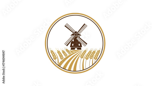 Traditional Windmill and Wheat Field Logo Emblem for Bakery Flour Mill