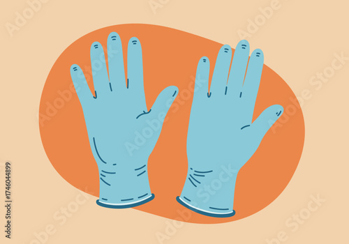 Pair of Light Blue Medical Gloves Illustration on Orange Background.