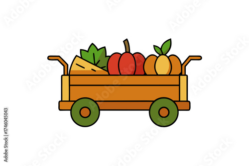 Wooden cart filled with harvest vegetables, autumn element isolated on white background