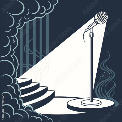 Stage spotlight illuminating a vintage microphone and stairs