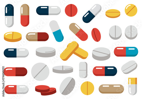 Colorful Assortment of Pharmaceutical Pills and Capsules Illustration.