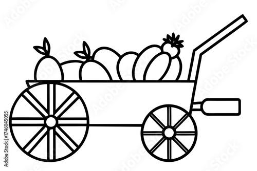 line art Wooden cart filled with harvest vegetables, autumn element isolated on white background