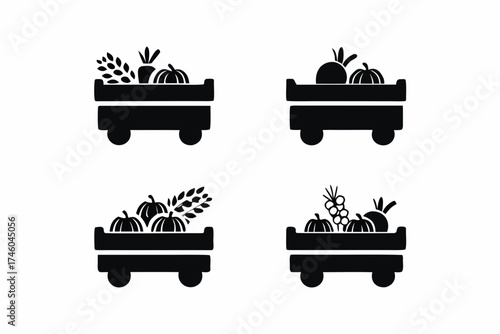 set of Wooden cart filled with harvest vegetables, autumn element silhouette vector illustration 