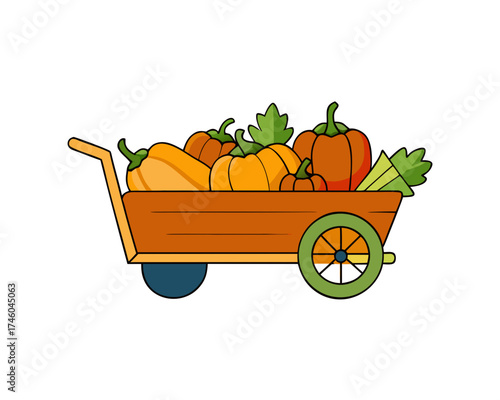 Wooden cart filled with harvest vegetables, autumn element isolated on white background