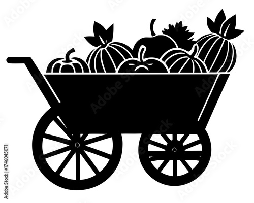 Wooden cart filled with harvest vegetables, autumn element silhouette vector illustration 