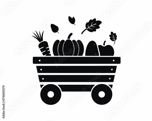 Wooden cart filled with harvest vegetables icon, autumn element silhouette vector illustration isolated on white background