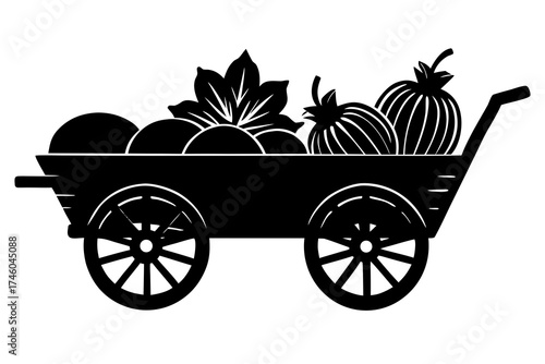 Wooden cart filled with harvest vegetables, autumn element silhouette vector illustration 