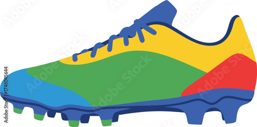 A vibrant, multicolor soccer cleat illustration in flat style featuring yellow, green, blue, and red panels, perfect for sports, football, team gear, and athletic design themes